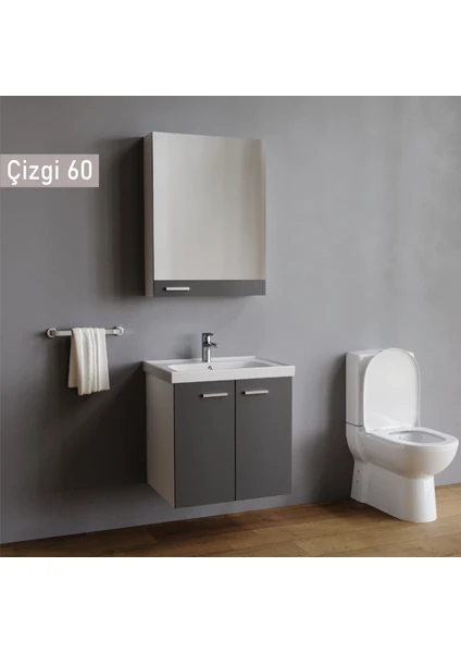 Çizgi 60 cm Antrasit Banyo Dolabı