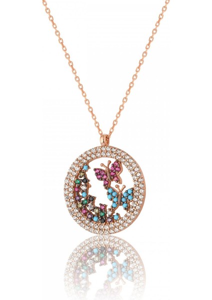 Gümüş Renkli Zirkon Taşlı Rose kaplama Özgür Kelebekler Modeli Kolye