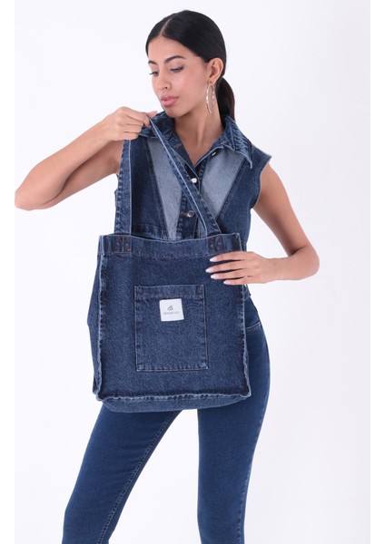 Koyu Mavi Cepli Kare Kot Bez Kol & Omuz Çantası Tote Bag Kanvas Iş Günlük Jean Model Yazlık 35X35