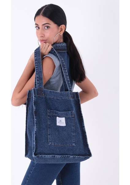 Koyu Mavi Cepli Kare Kot Bez Kol & Omuz Çantası Tote Bag Kanvas Iş Günlük Jean Model Yazlık 35X35