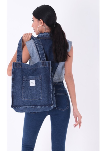 Koyu Mavi Cepli Kare Kot Bez Kol & Omuz Çantası Tote Bag Kanvas Iş Günlük Jean Model Yazlık 35X35