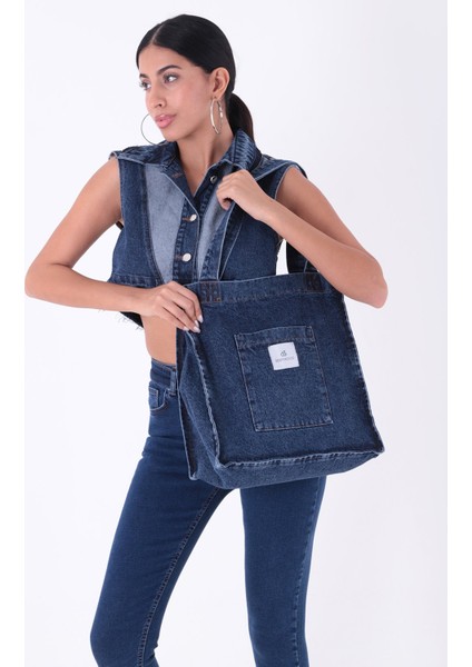 Koyu Mavi Cepli Kare Kot Bez Kol & Omuz Çantası Tote Bag Kanvas Iş Günlük Jean Model Yazlık 35X35