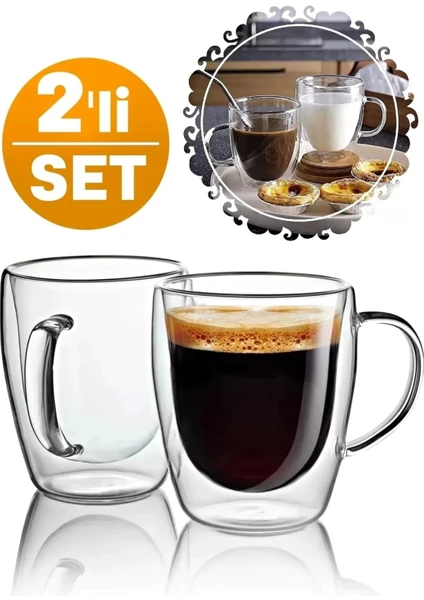 Berdina Home Çift Cidarlı 2 Adet Bardak Cam Kupa 310 ml Ev Ofis Espresso Kahve Fincanı