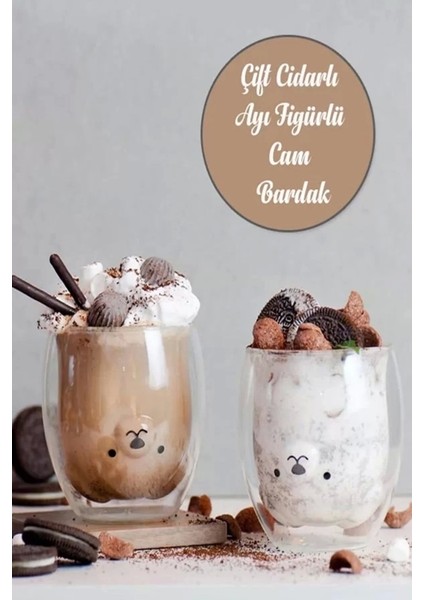 2li Çift Cidarlı Ayıcık Figürlü Bardak Kahve Meşrubat Sunum Servis Cam