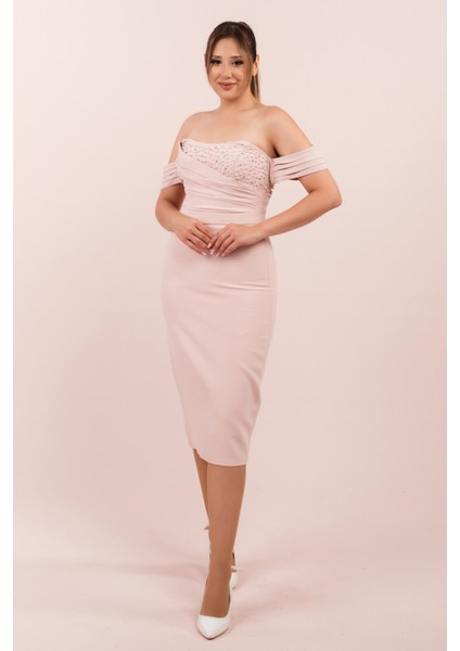 Krep Işlemeli Midi Elbise (CRM-58216)