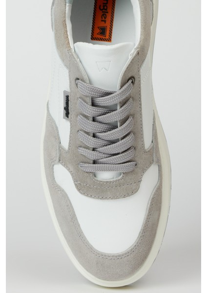 %100 Deri Beyaz-Gri Süet Sneaker Ayakkabı
