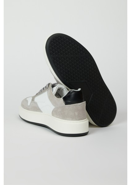 %100 Deri Beyaz-Gri Süet Sneaker Ayakkabı