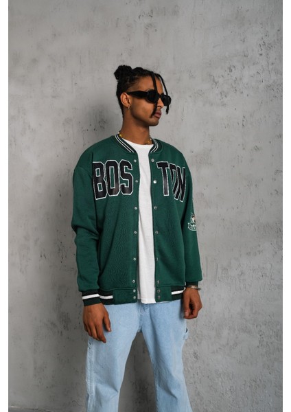 Unisex 3 Iplik Şardonlu Baskılı Kolej Ceket - Yeşil