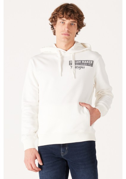 Regular Fit Normal Kesim Kapüşonlu Şardonlu Kırık Beyaz Sweatshirt