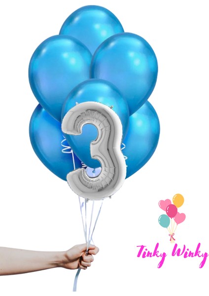 Gümüş Rakam Folyo ve Mavi Balon Doğum Günü Balon Zincir Parti Seti