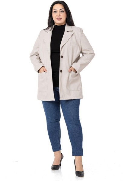 Büyük Beden Torba Cepli Düğmeli Astarlı Taş Rengi Suni Deri Ceket