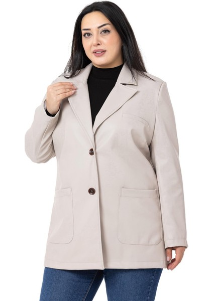 Büyük Beden Torba Cepli Düğmeli Astarlı Taş Rengi Suni Deri Ceket fiyatları