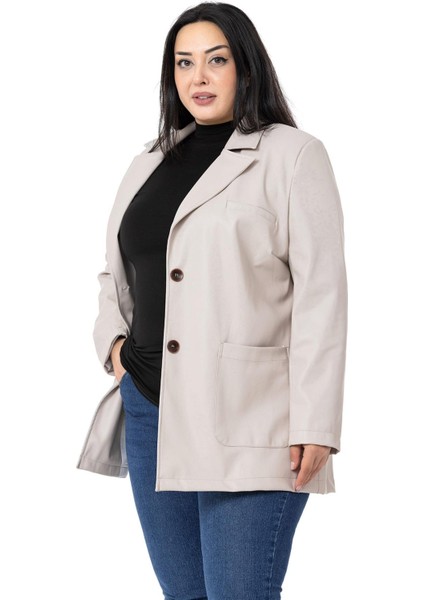 Büyük Beden Torba Cepli Düğmeli Astarlı Taş Rengi Suni Deri Ceket indirimleri