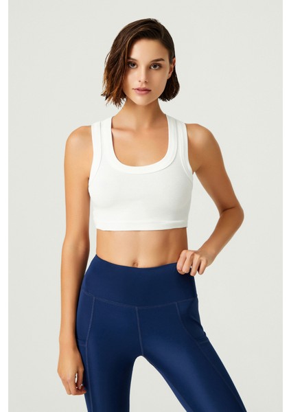 Los Ojos x Melodi Ekru Pamuklu Kalın Askılı Crop Top Tank