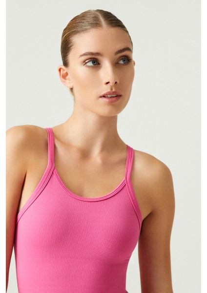 x Melodi Pembe Fitilli Seamless Spor Sütyeni Ribbed Bra Tank