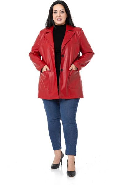 Büyük Beden Torba Cepli Düğmeli Astarlı Kırmızı Suni Deri Ceket