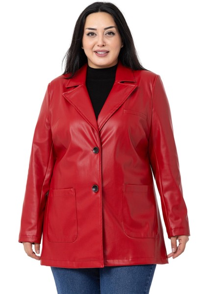 Büyük Beden Torba Cepli Düğmeli Astarlı Kırmızı Suni Deri Ceket fiyatları