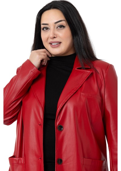 Büyük Beden Torba Cepli Düğmeli Astarlı Kırmızı Suni Deri Ceket fırsatları