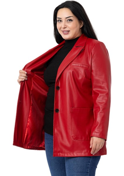 Büyük Beden Torba Cepli Düğmeli Astarlı Kırmızı Suni Deri Ceket indirimleri