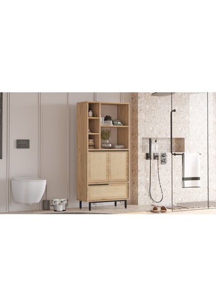 Robin Home Lidya Banyo Dolabı Çok Amaçlı Dolap 3 Kapaklı Metal Ayaklı Uv Baskı Sepet-Jüt