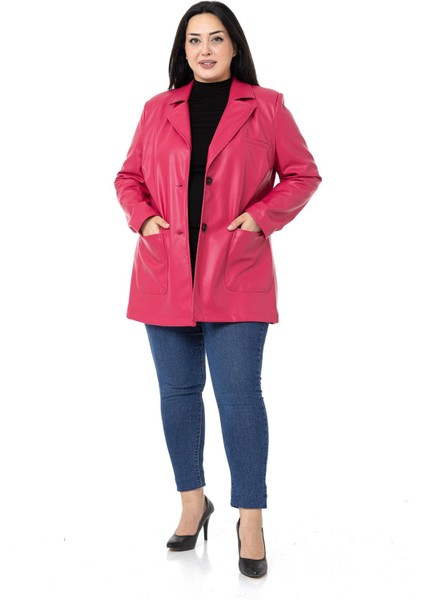 Büyük Beden Torba Cepli Düğmeli Astarlı Fuşya Suni Deri Ceket