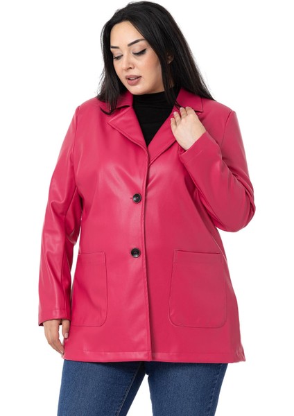 Büyük Beden Torba Cepli Düğmeli Astarlı Fuşya Suni Deri Ceket fiyatları
