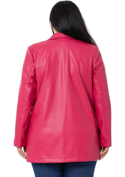 Büyük Beden Torba Cepli Düğmeli Astarlı Fuşya Suni Deri Ceket modelleri
