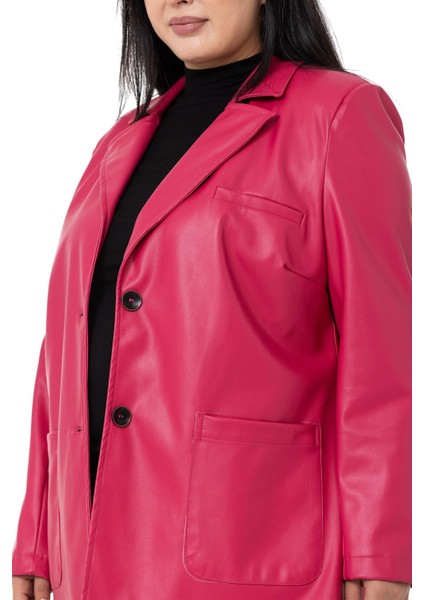 Büyük Beden Torba Cepli Düğmeli Astarlı Fuşya Suni Deri Ceket fırsatları