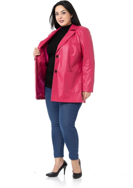 Büyük Beden Torba Cepli Düğmeli Astarlı Fuşya Suni Deri Ceket indirimleri