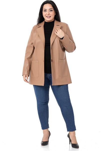 Büyük Beden Torba Cepli Düğmeli Astarlı Vizon Suni Deri Ceket