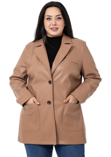 Büyük Beden Torba Cepli Düğmeli Astarlı Vizon Suni Deri Ceket fiyatları