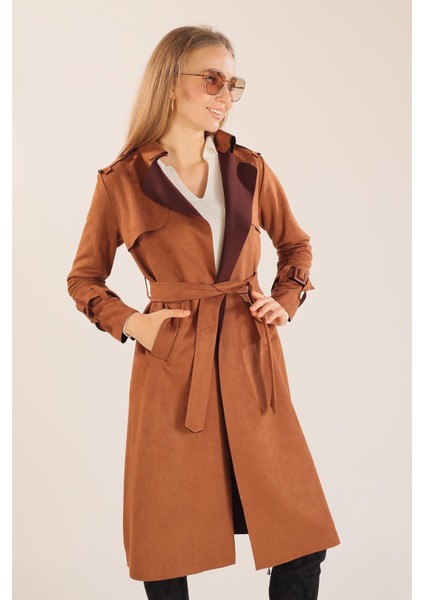 7275A Bel Bağlamalı Trençkot Taba modelleri