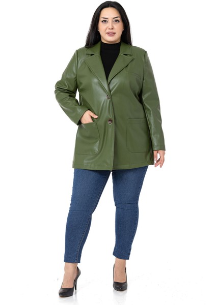 Büyük Beden Torba Cepli Düğmeli Astarlı Haki Suni Deri Ceket