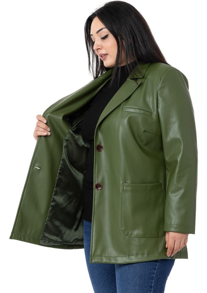 Büyük Beden Torba Cepli Düğmeli Astarlı Haki Suni Deri Ceket modelleri