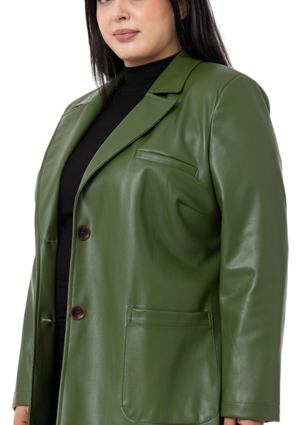 Büyük Beden Torba Cepli Düğmeli Astarlı Haki Suni Deri Ceket fırsatları