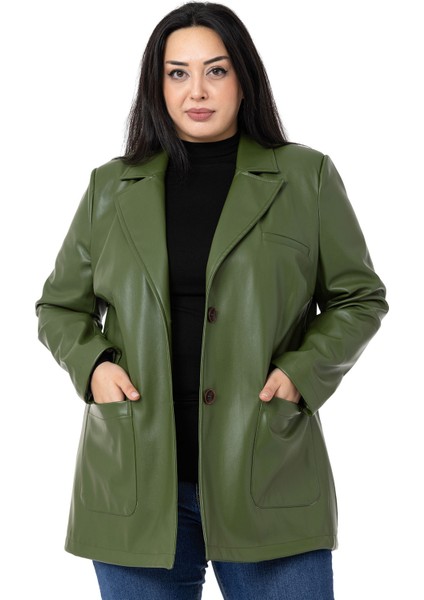Büyük Beden Torba Cepli Düğmeli Astarlı Haki Suni Deri Ceket indirimleri