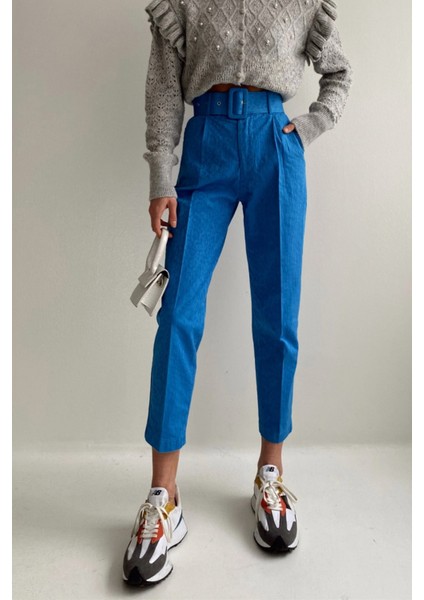 Mavi Kemerli Desenli Pantolon