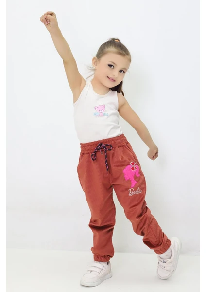 Canix Kids Kız Çocuk Barbie Nakışlı Kadife Pantolon