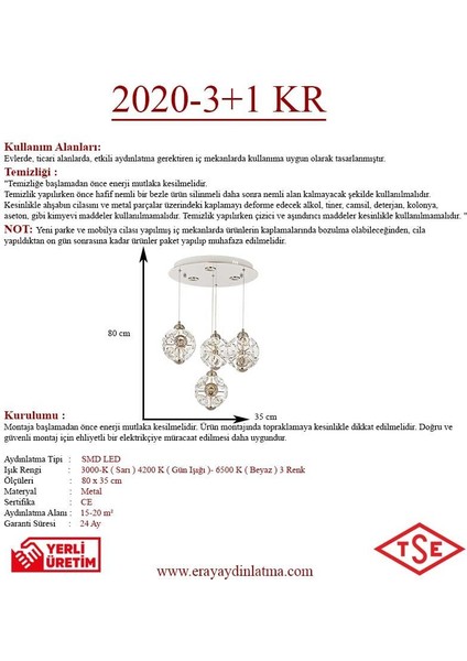 2020-3+1 4lü Krom Sarkıt LED Avize