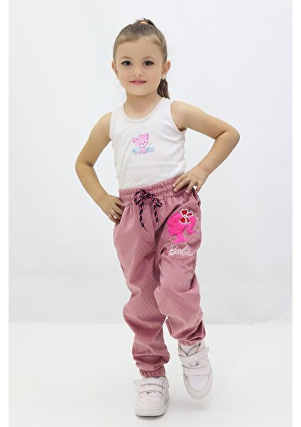 Canix Kids Kız Çocuk Barbie Nakışlı Kadife Pantolon