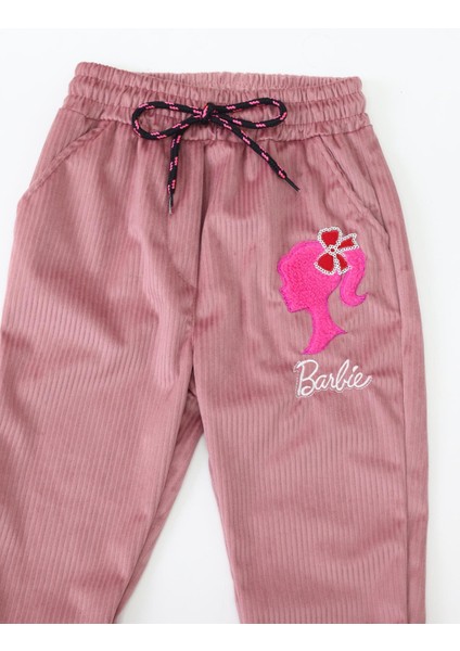 Canix Kids Kız Çocuk Barbie Nakışlı Kadife Pantolon