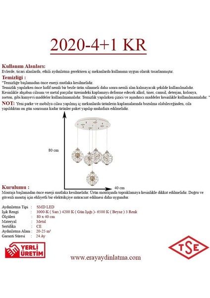 2020-4+1 5li Krom Sarkıt LED Avize