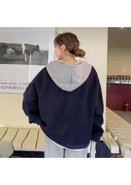 Gri Melanj Kapüşon Detaylı Lacivert Basic Kalın Kumaş Fermuarlı Oversize (Unisex) Kapüşonlu