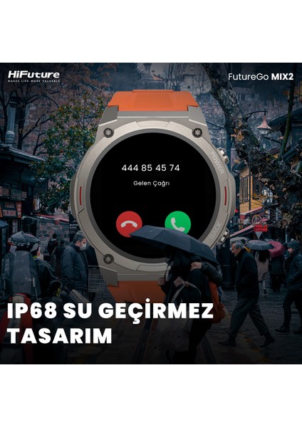 FutureGo Mix2 Bluetooth 5.2 IP68 Su Geçirmez AMOLED Ekran 1.43 inç Arama Özellikli iOS&Android Uyumlu Nabız Spor Kan Oksijen Takibi 36mm Akıllı Saat Turuncu