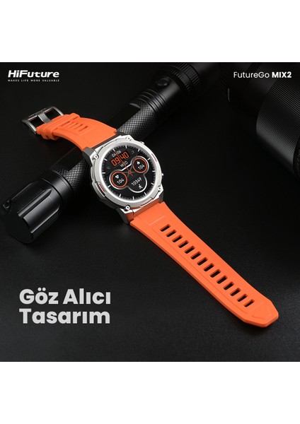 FutureGo Mix2 Bluetooth 5.2 IP68 Su Geçirmez AMOLED Ekran 1.43 inç Arama Özellikli iOS&Android Uyumlu Nabız Spor Kan Oksijen Takibi 36mm Akıllı Saat Turuncu