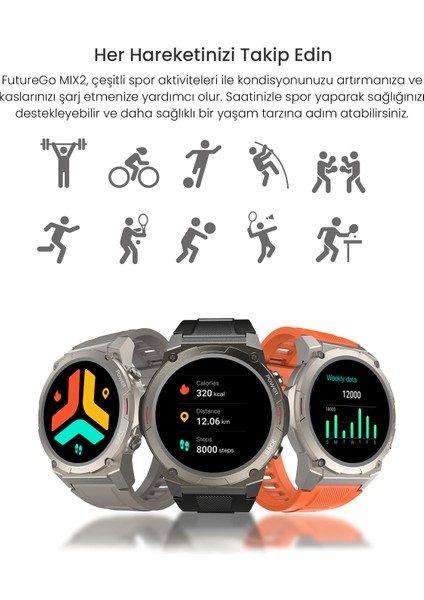 FutureGo Mix2 Bluetooth 5.2 IP68 Su Geçirmez AMOLED Ekran 1.43 inç Arama Özellikli iOS&Android Uyumlu Nabız Spor Kan Oksijen Takibi 36mm Akıllı Saat Turuncu