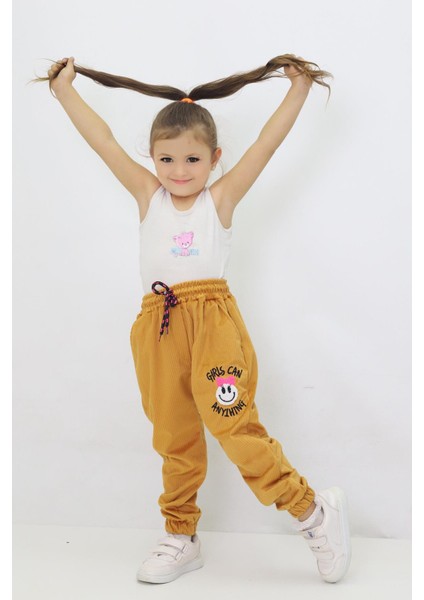 Canix Kids Kız Çocuk Emoji Nakışlı Kadife Pantolon