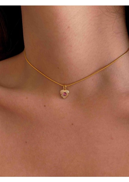 Pembe Taşlı Kalp Choker