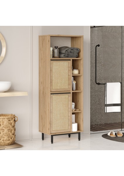 Robin Home Lidya Banyo Dolabı Çok Amaçlı Dolap 2 Kapaklı Metal Ayaklı Uv Baskı Sepet-Jüt