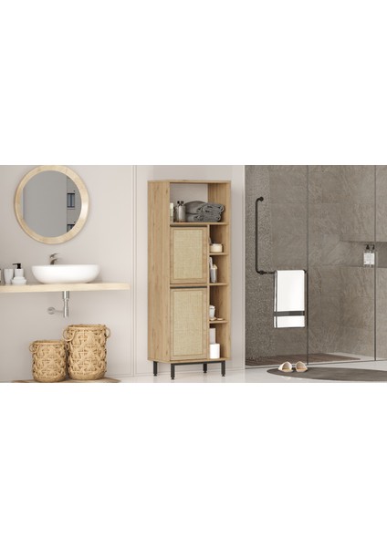 Robin Home Lidya Banyo Dolabı Çok Amaçlı Dolap 2 Kapaklı Metal Ayaklı Uv Baskı Sepet-Jüt